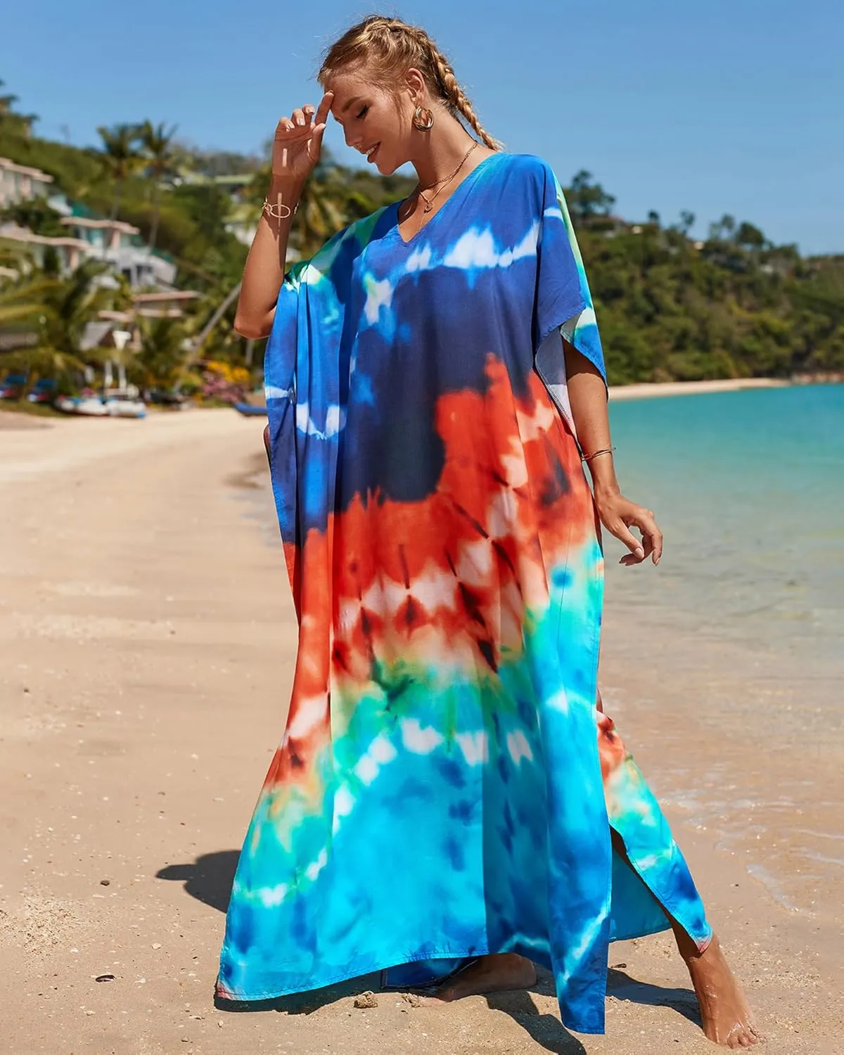 Bsubseach Kaftan Dresses for Women Plus Size Tie Dye Batwing Sleeve Caftans Swimsuit Coverup Maxi Dress Loungewear