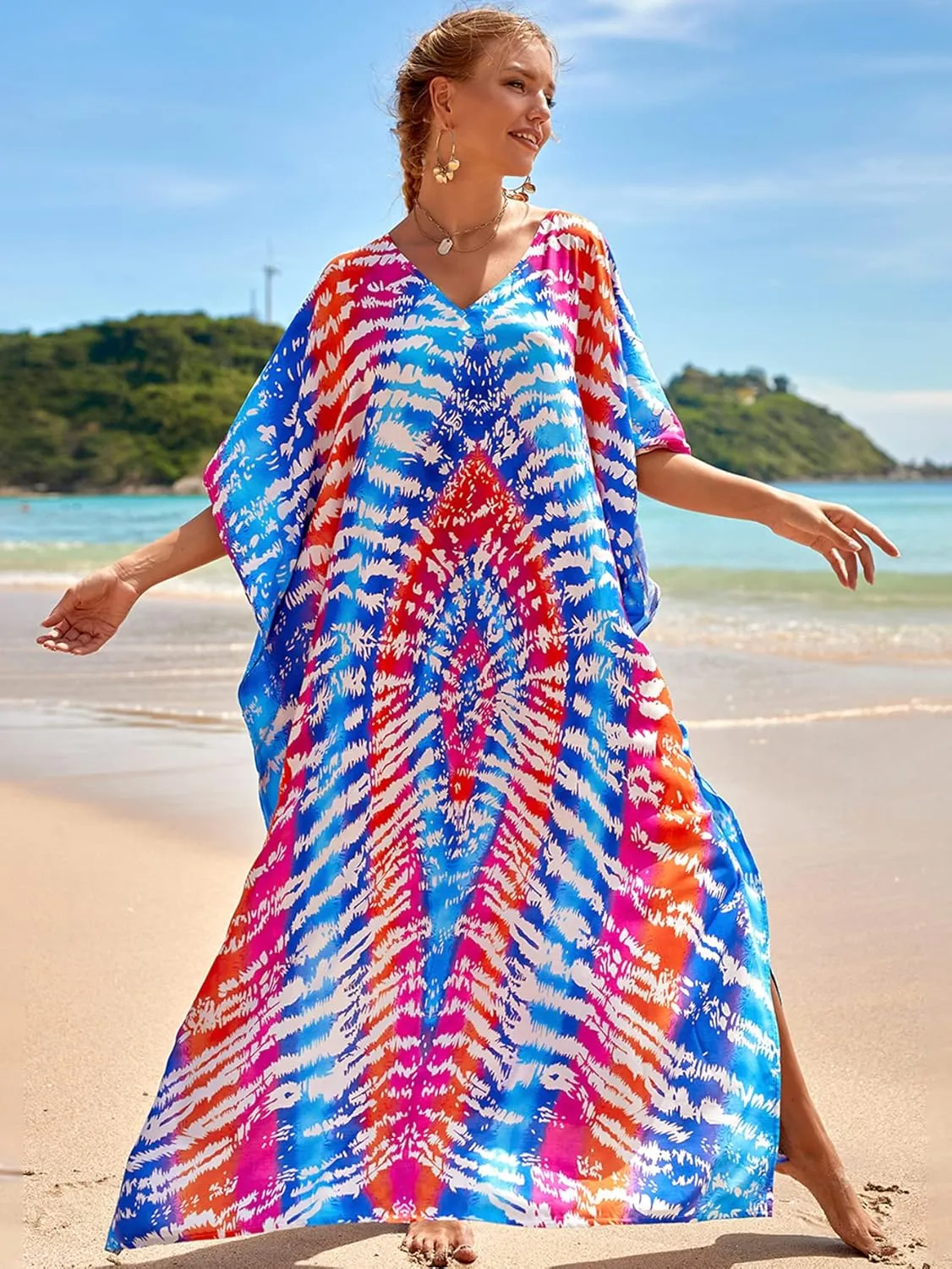 Bsubseach Kaftan Dresses for Women Plus Size Tie Dye Batwing Sleeve Caftans Swimsuit Coverup Maxi Dress Loungewear