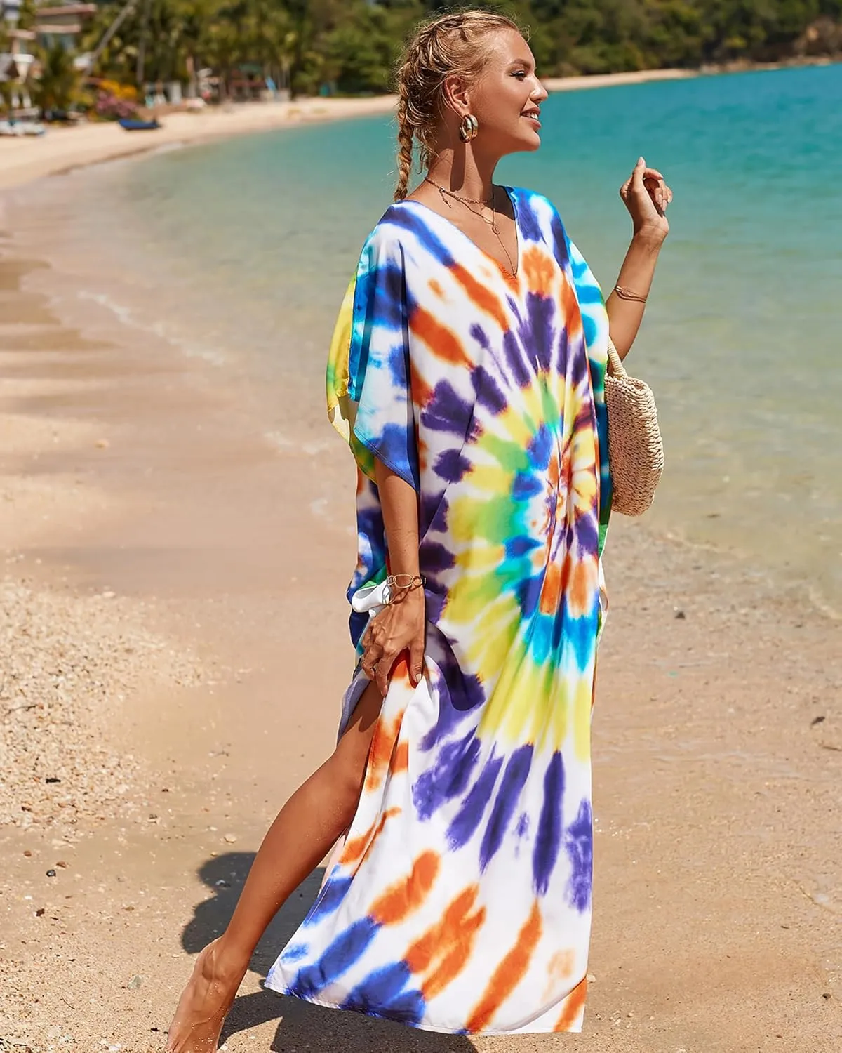 Bsubseach Kaftan Dresses for Women Plus Size Tie Dye Batwing Sleeve Caftans Swimsuit Coverup Maxi Dress Loungewear