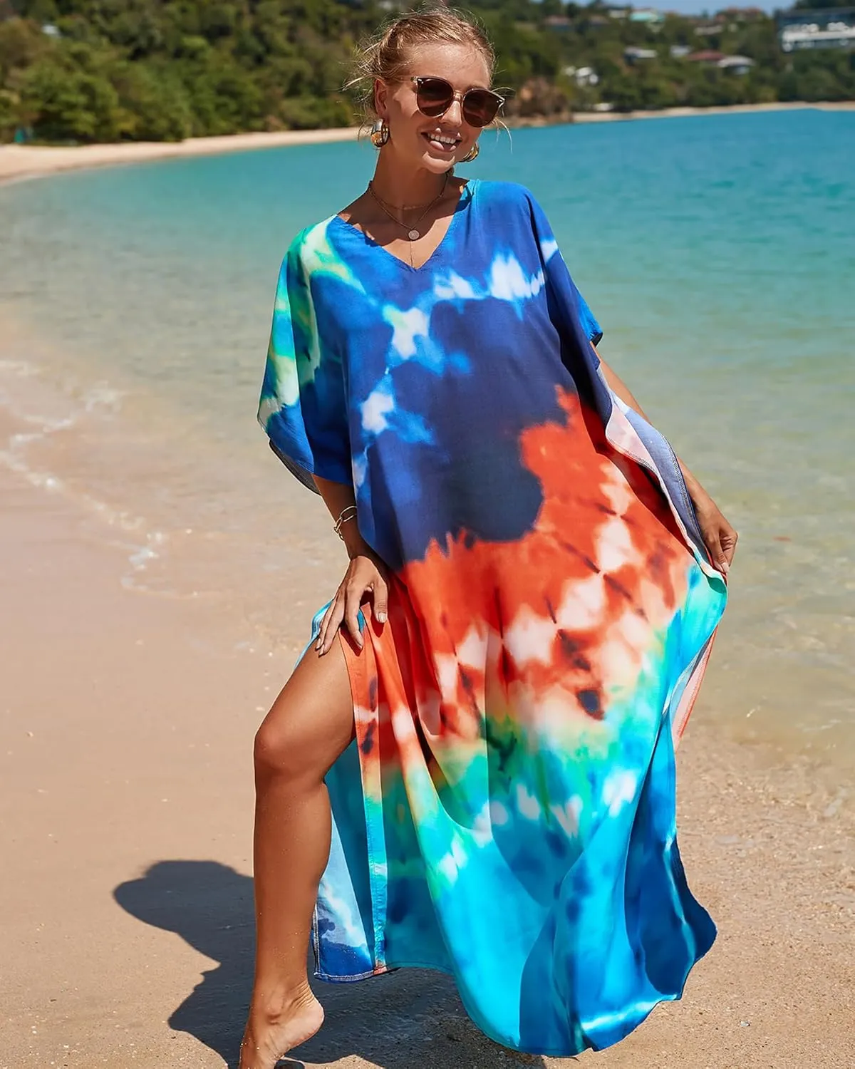 Bsubseach Kaftan Dresses for Women Plus Size Tie Dye Batwing Sleeve Caftans Swimsuit Coverup Maxi Dress Loungewear