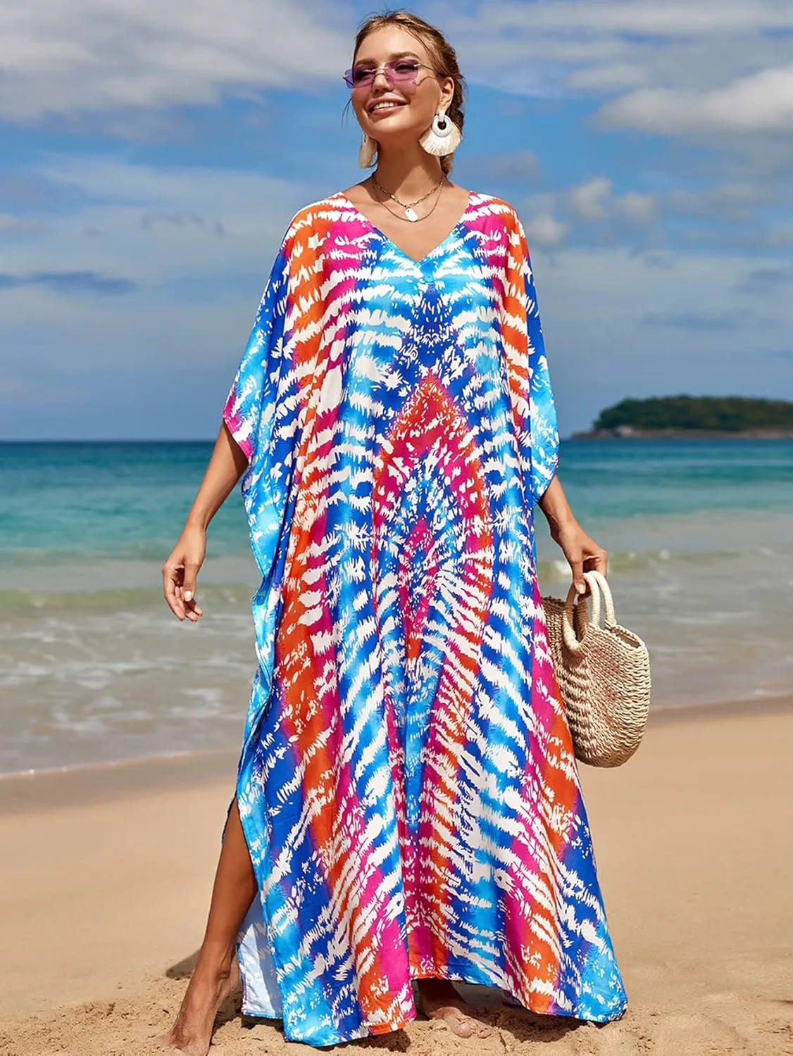Bsubseach Kaftan Dresses for Women Plus Size Tie Dye Batwing Sleeve Caftans Swimsuit Coverup Maxi Dress Loungewear