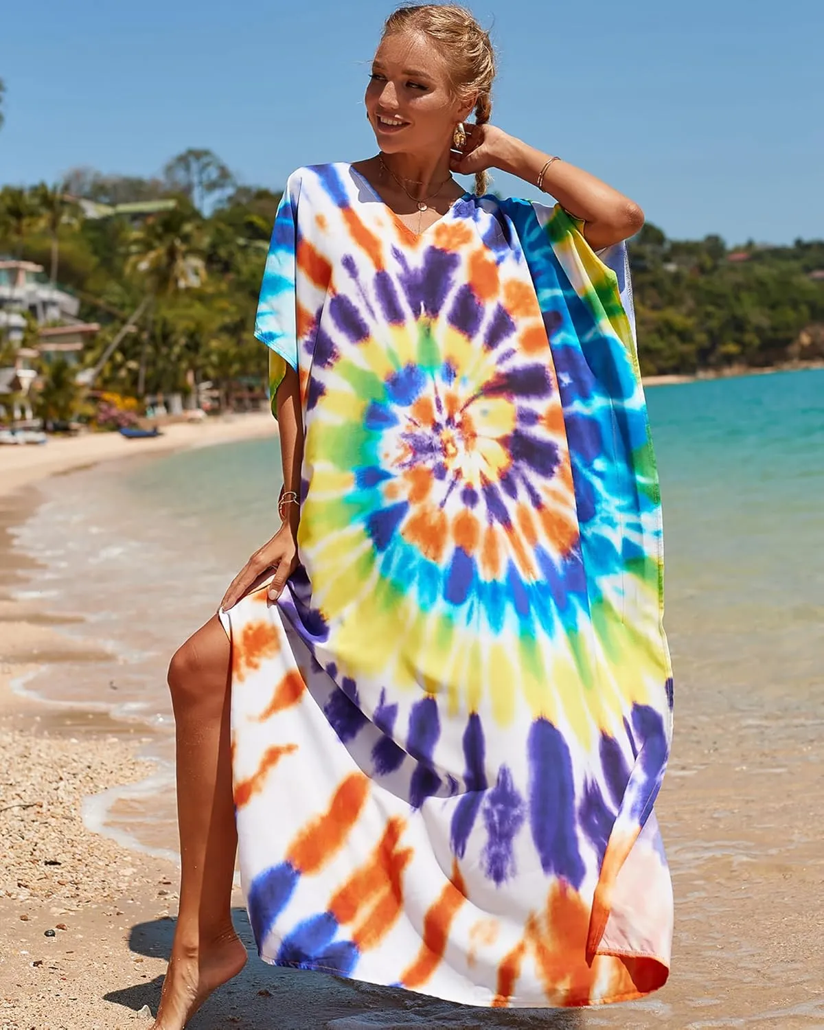 Bsubseach Kaftan Dresses for Women Plus Size Tie Dye Batwing Sleeve Caftans Swimsuit Coverup Maxi Dress Loungewear