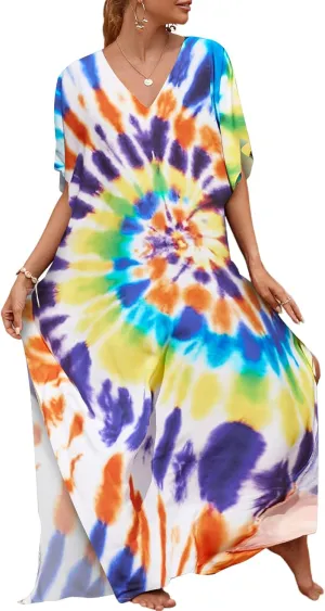 Bsubseach Kaftan Dresses for Women Plus Size Tie Dye Batwing Sleeve Caftans Swimsuit Coverup Maxi Dress Loungewear