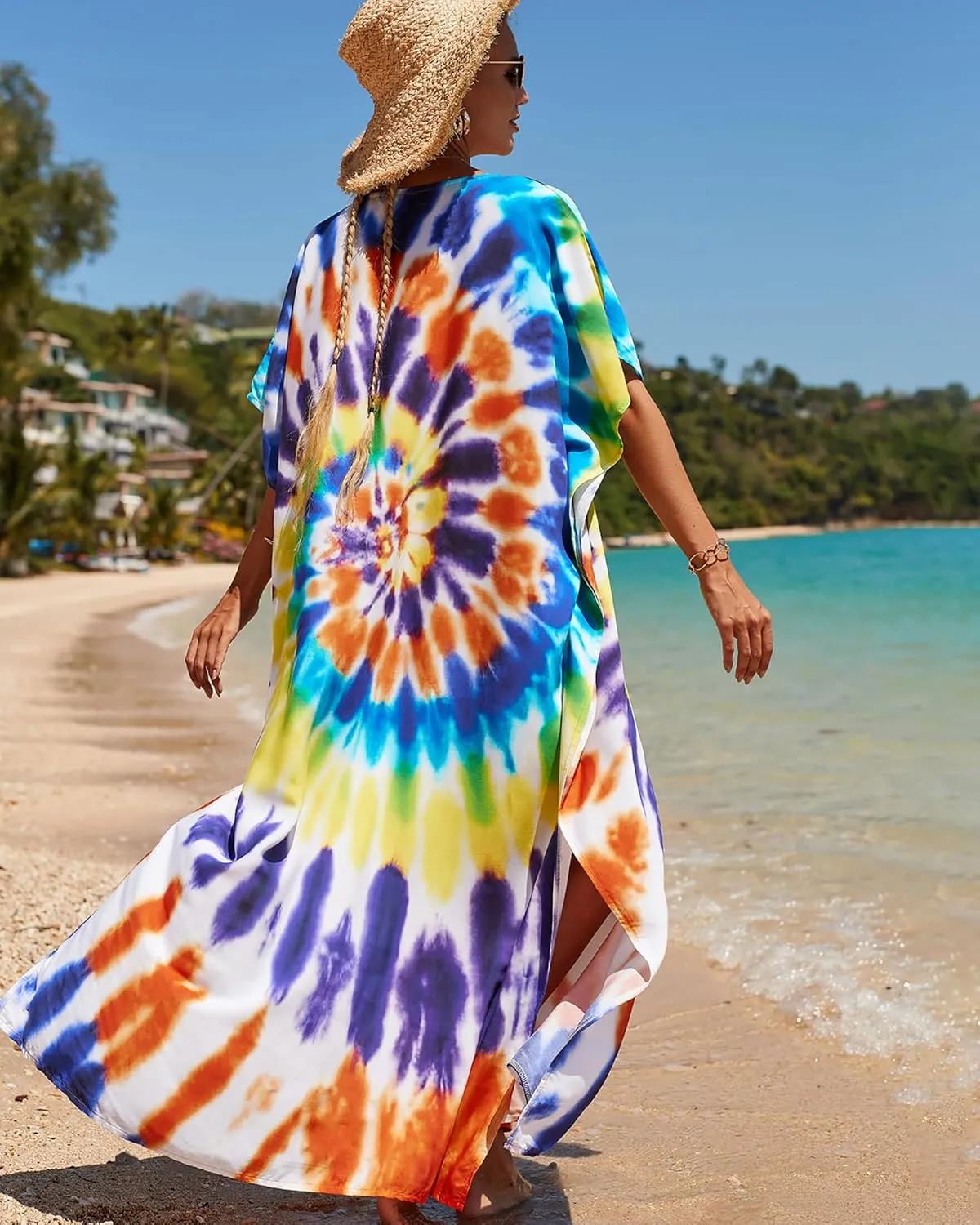 Bsubseach Kaftan Dresses for Women Plus Size Tie Dye Batwing Sleeve Caftans Swimsuit Coverup Maxi Dress Loungewear