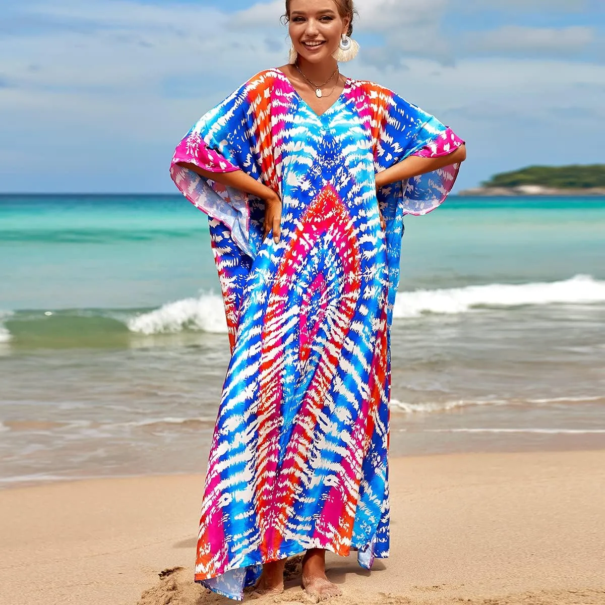 Bsubseach Kaftan Dresses for Women Plus Size Tie Dye Batwing Sleeve Caftans Swimsuit Coverup Maxi Dress Loungewear