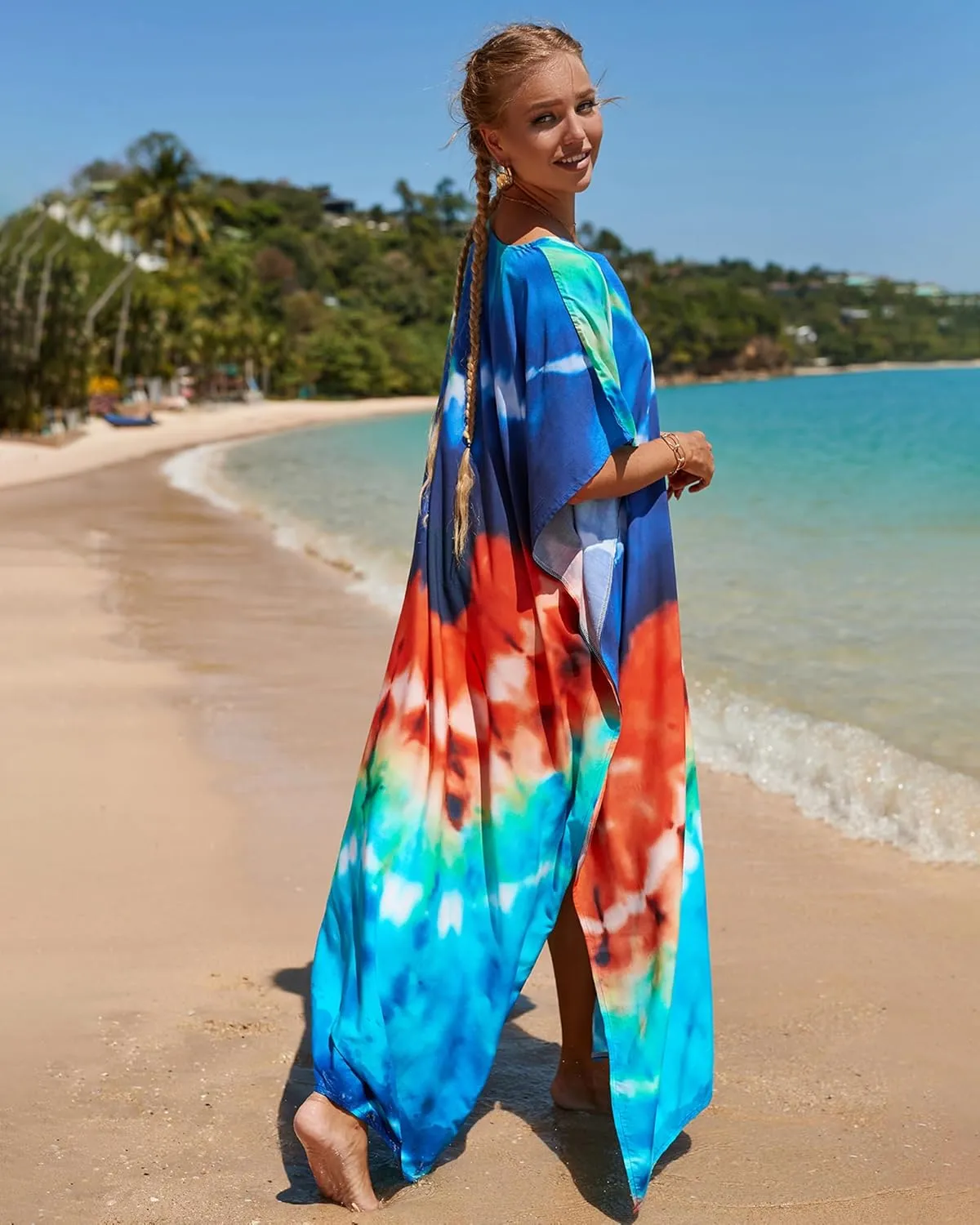 Bsubseach Kaftan Dresses for Women Plus Size Tie Dye Batwing Sleeve Caftans Swimsuit Coverup Maxi Dress Loungewear