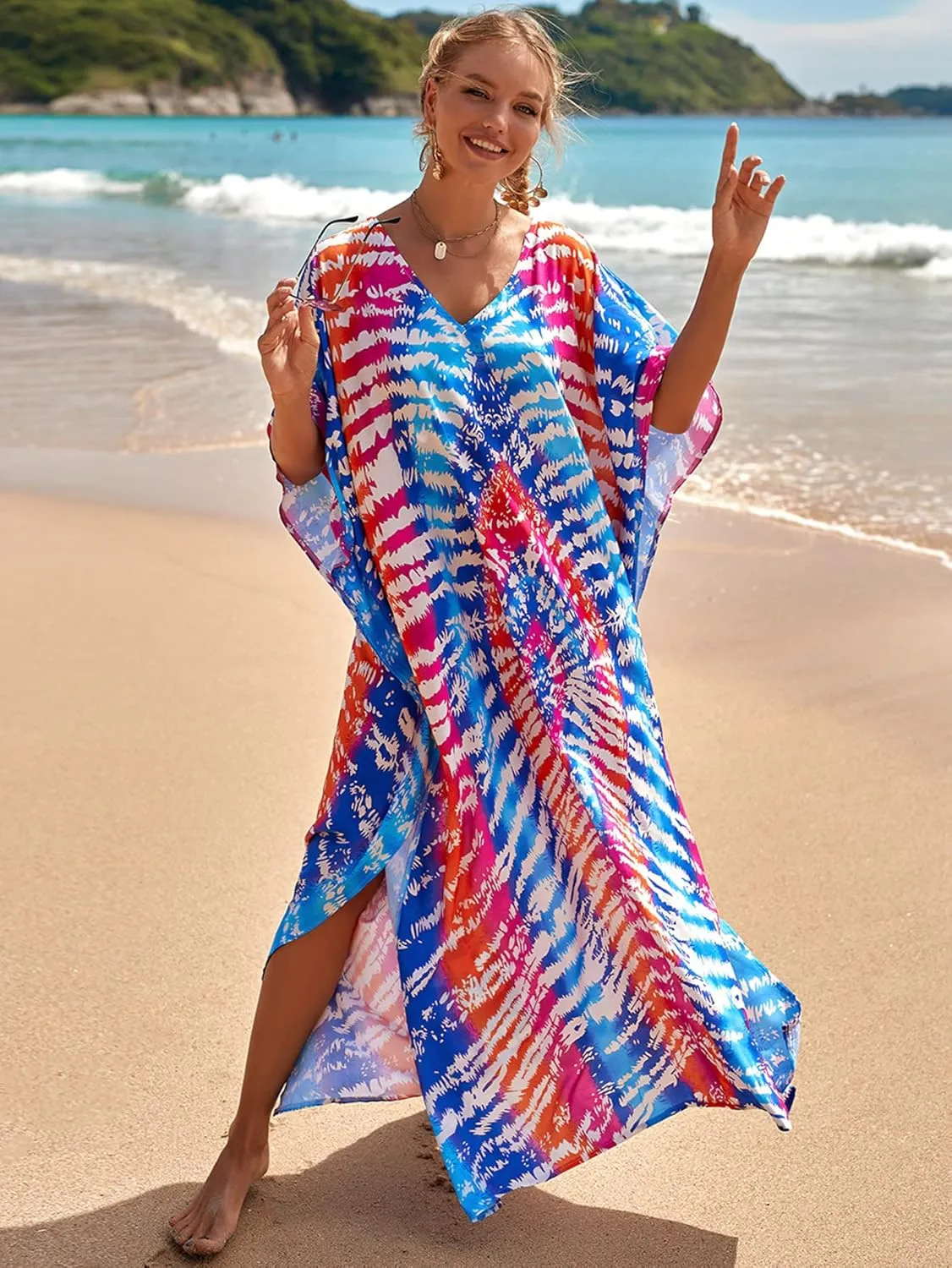 Bsubseach Kaftan Dresses for Women Plus Size Tie Dye Batwing Sleeve Caftans Swimsuit Coverup Maxi Dress Loungewear