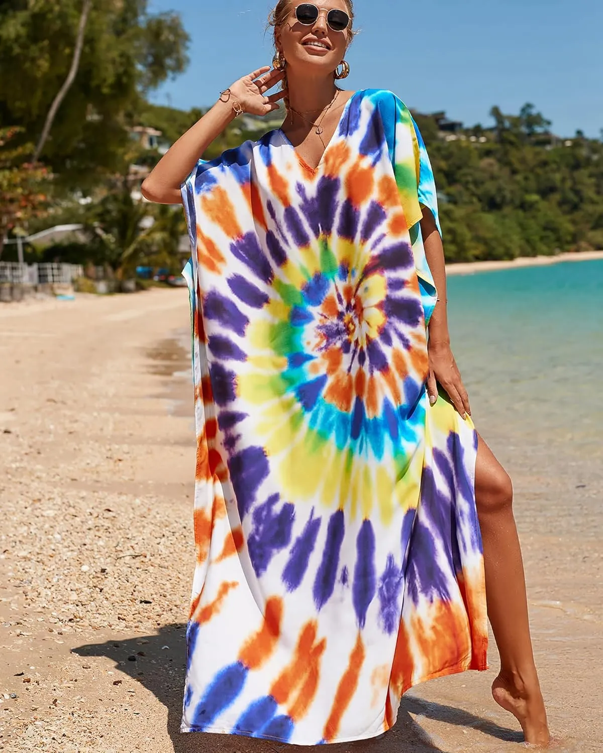 Bsubseach Kaftan Dresses for Women Plus Size Tie Dye Batwing Sleeve Caftans Swimsuit Coverup Maxi Dress Loungewear