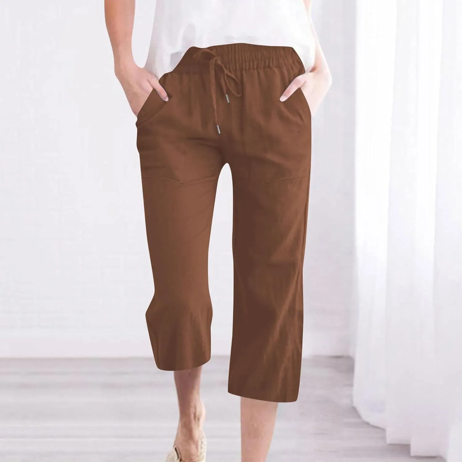 Capri Pants for Women Summer Casual Lounge Pants Cotton Linen Soft Drawstring Baggy Cropped Trousers with Pockets