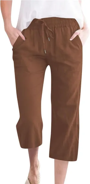 Capri Pants for Women Summer Casual Lounge Pants Cotton Linen Soft Drawstring Baggy Cropped Trousers with Pockets