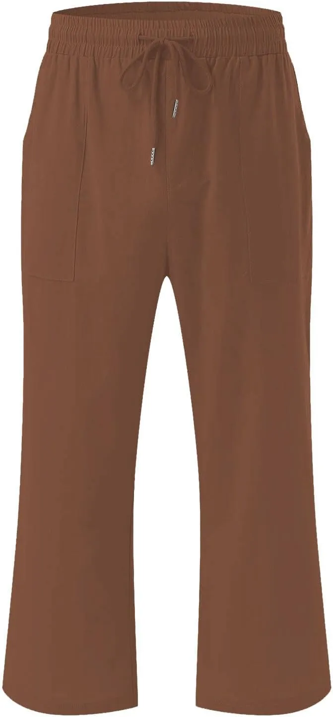 Capri Pants for Women Summer Casual Lounge Pants Cotton Linen Soft Drawstring Baggy Cropped Trousers with Pockets