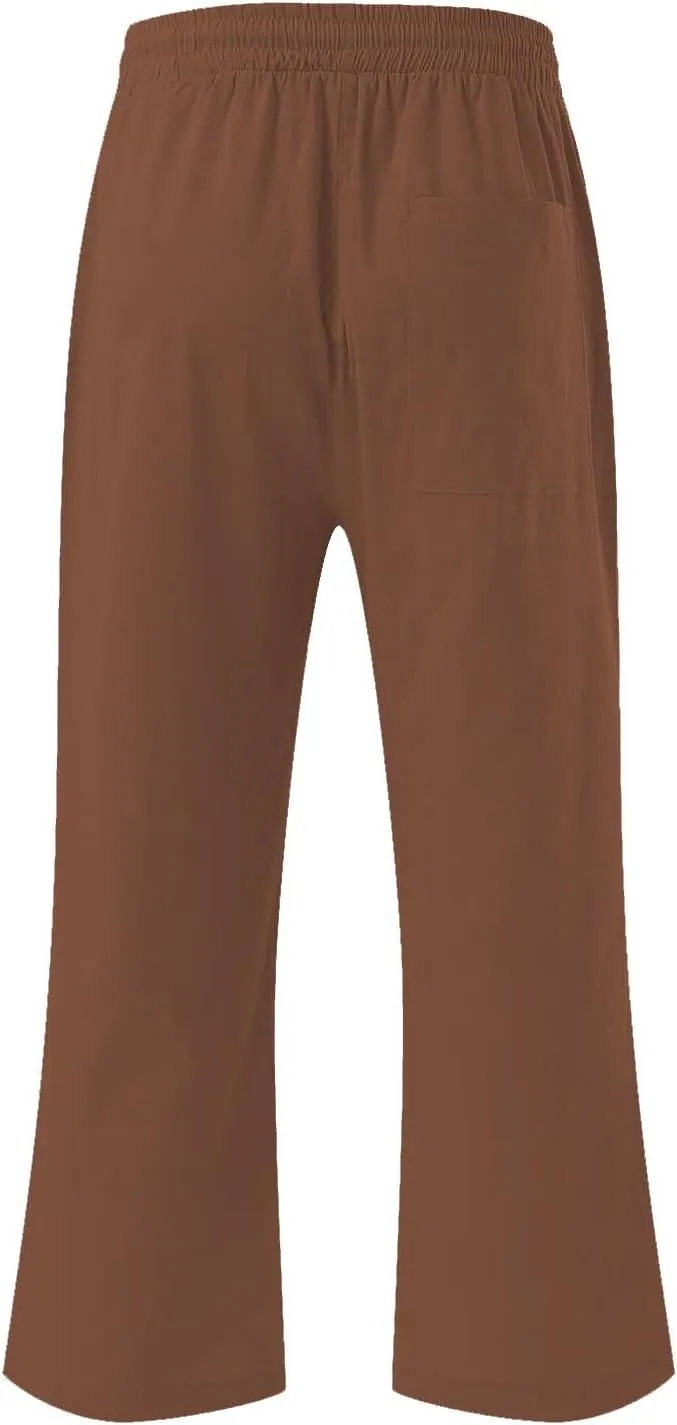 Capri Pants for Women Summer Casual Lounge Pants Cotton Linen Soft Drawstring Baggy Cropped Trousers with Pockets