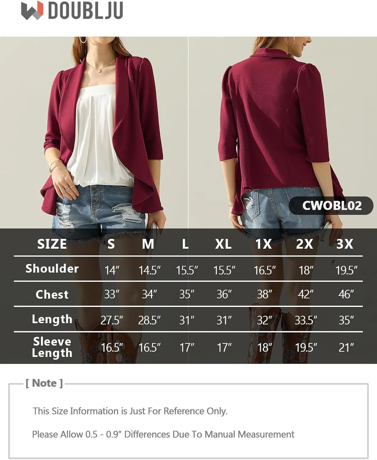 DOUBLJU Lightweight Thin 3/4 Sleeve Open Front Blazer Business Casual Deconstructed Jackets for Womens Clothes with Plus Size