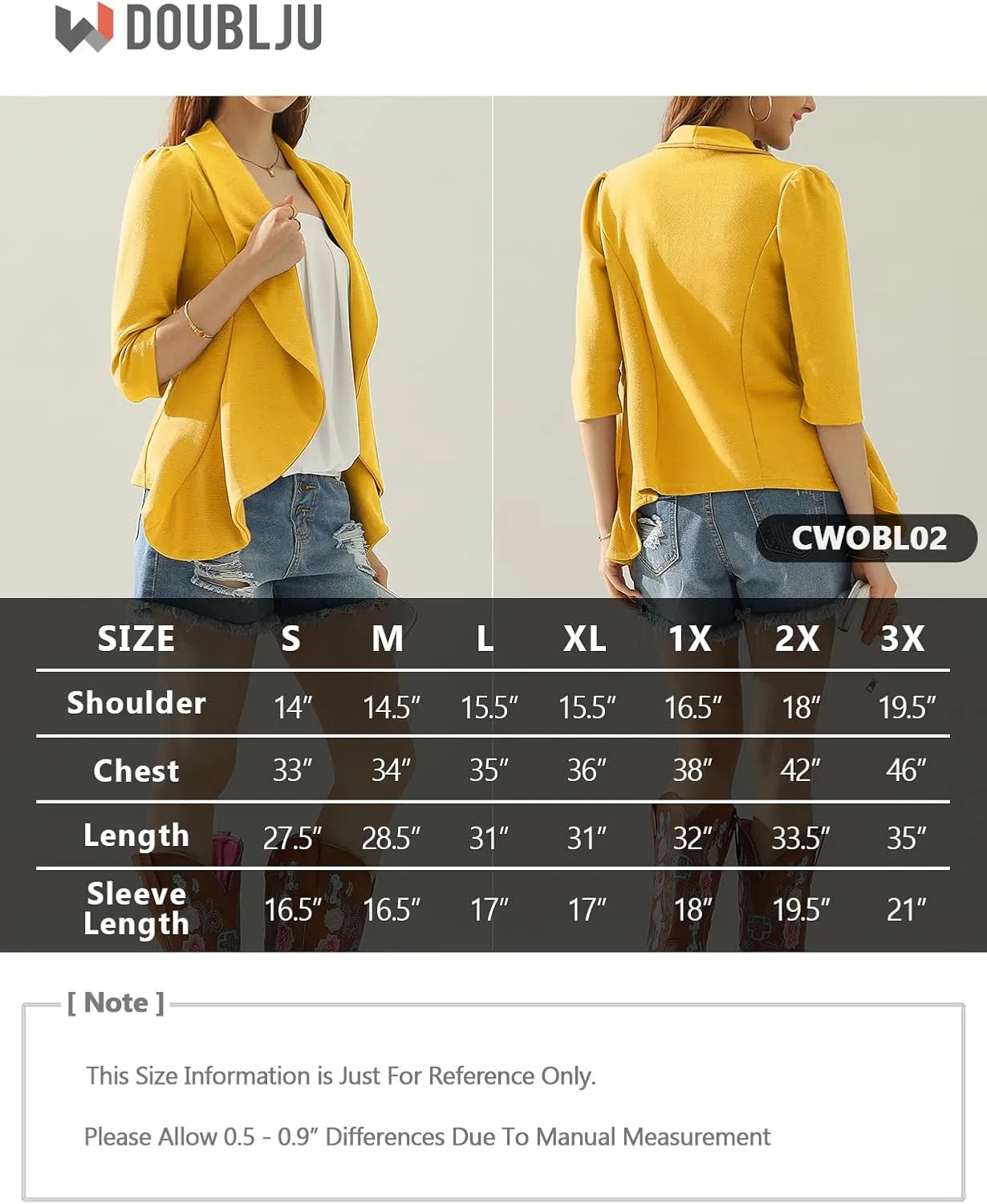 DOUBLJU Lightweight Thin 3/4 Sleeve Open Front Blazer Business Casual Deconstructed Jackets for Womens Clothes with Plus Size
