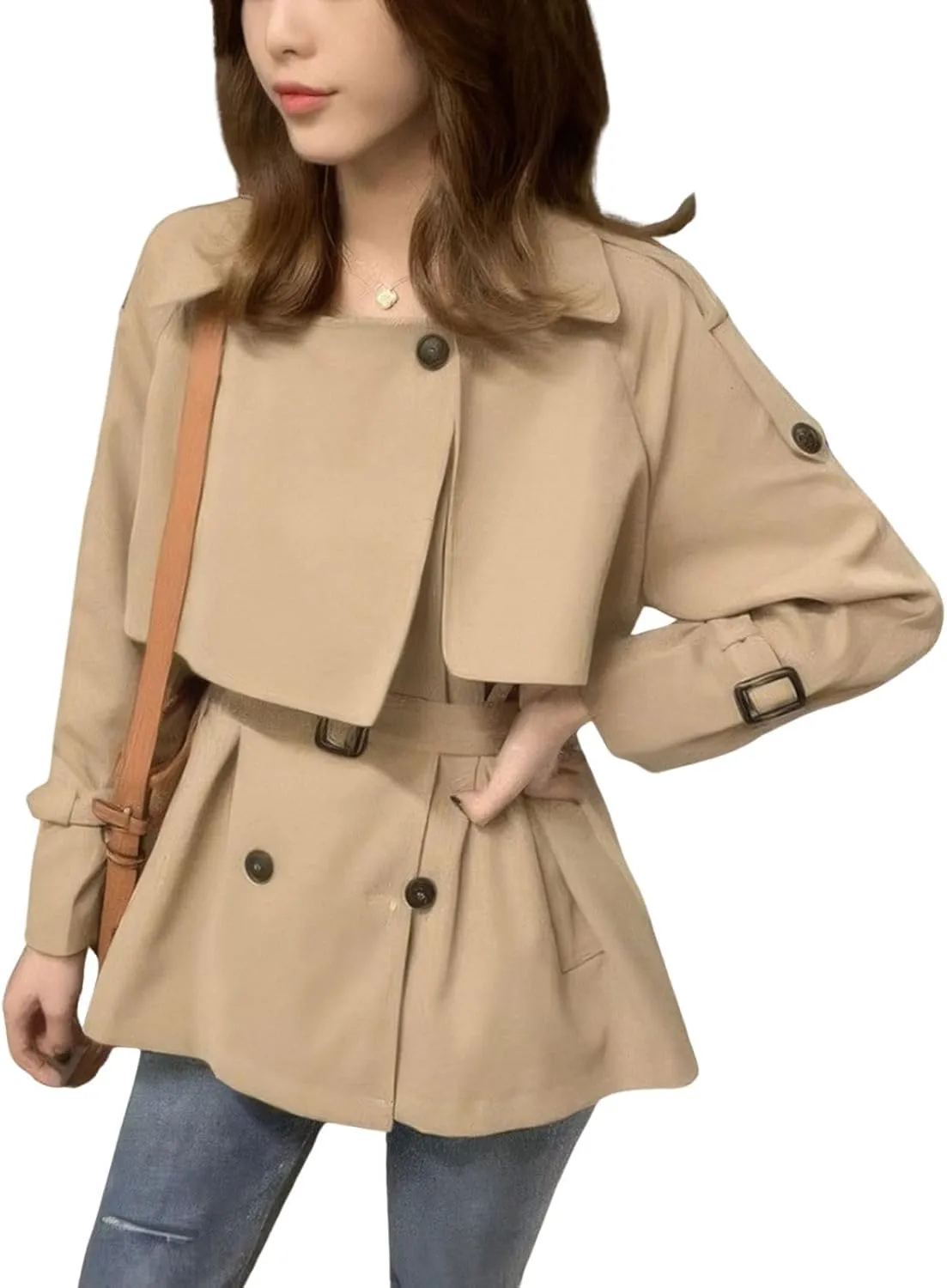 ebossy Women's Casual Notch Lapel Double Breasted Work Office Short Trench Coat with Belt