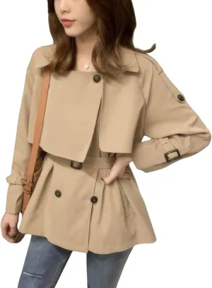 ebossy Women's Casual Notch Lapel Double Breasted Work Office Short Trench Coat with Belt