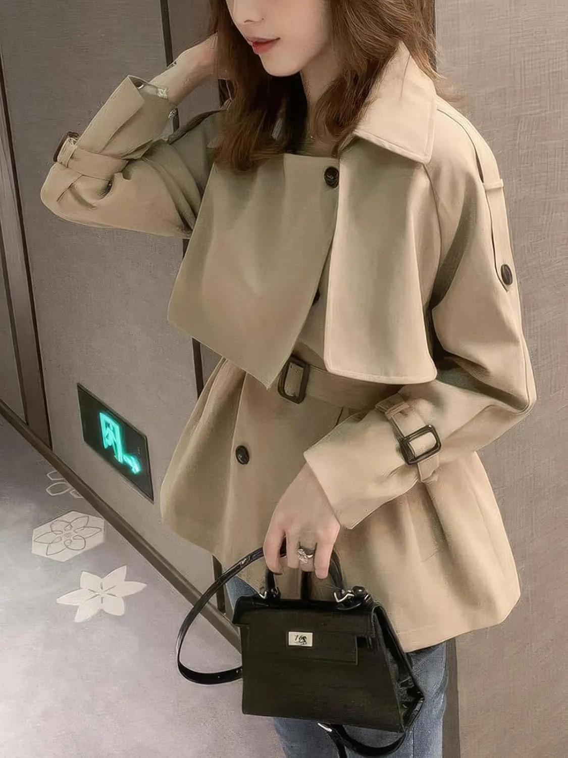 ebossy Women's Casual Notch Lapel Double Breasted Work Office Short Trench Coat with Belt