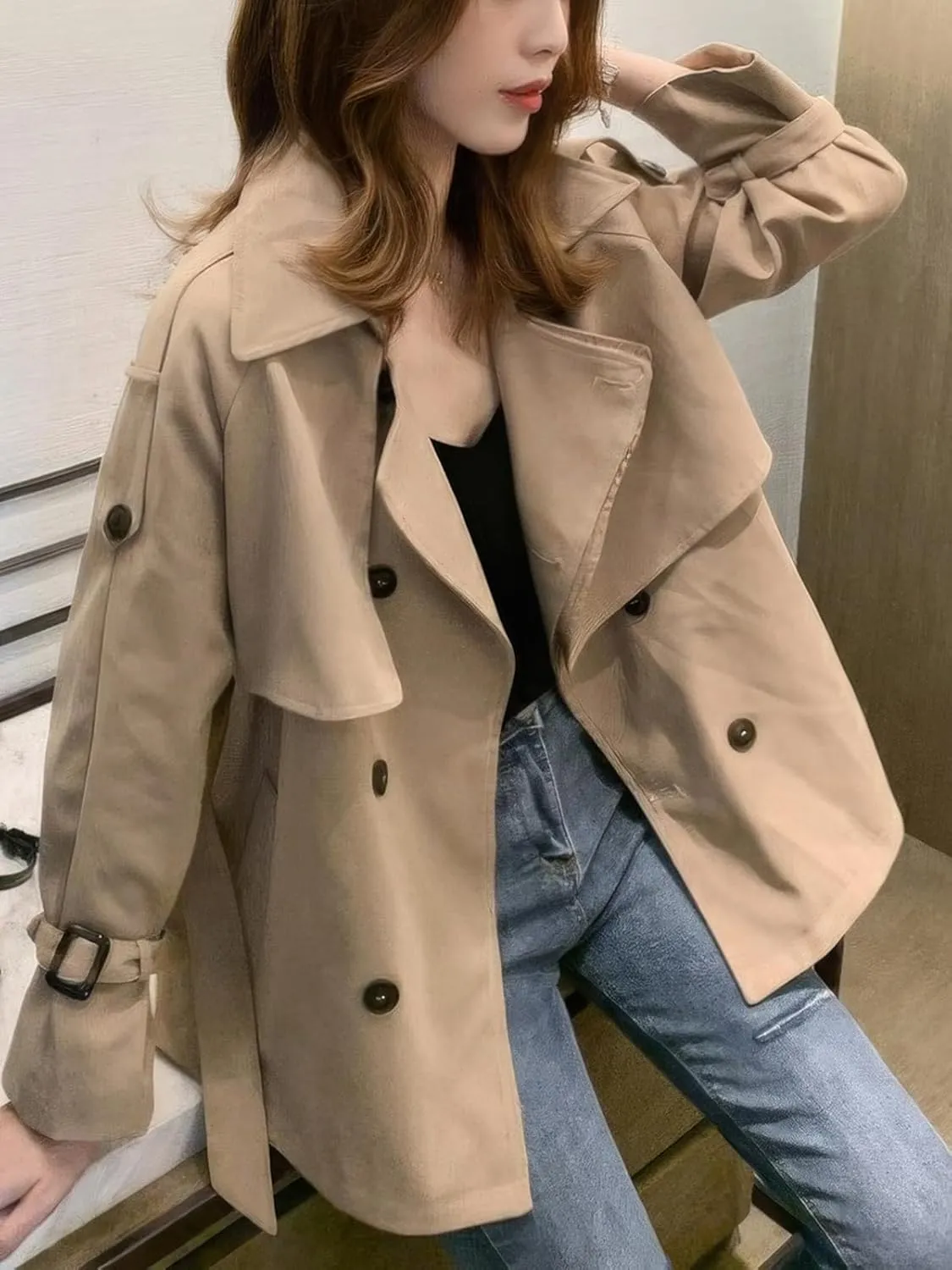 ebossy Women's Casual Notch Lapel Double Breasted Work Office Short Trench Coat with Belt