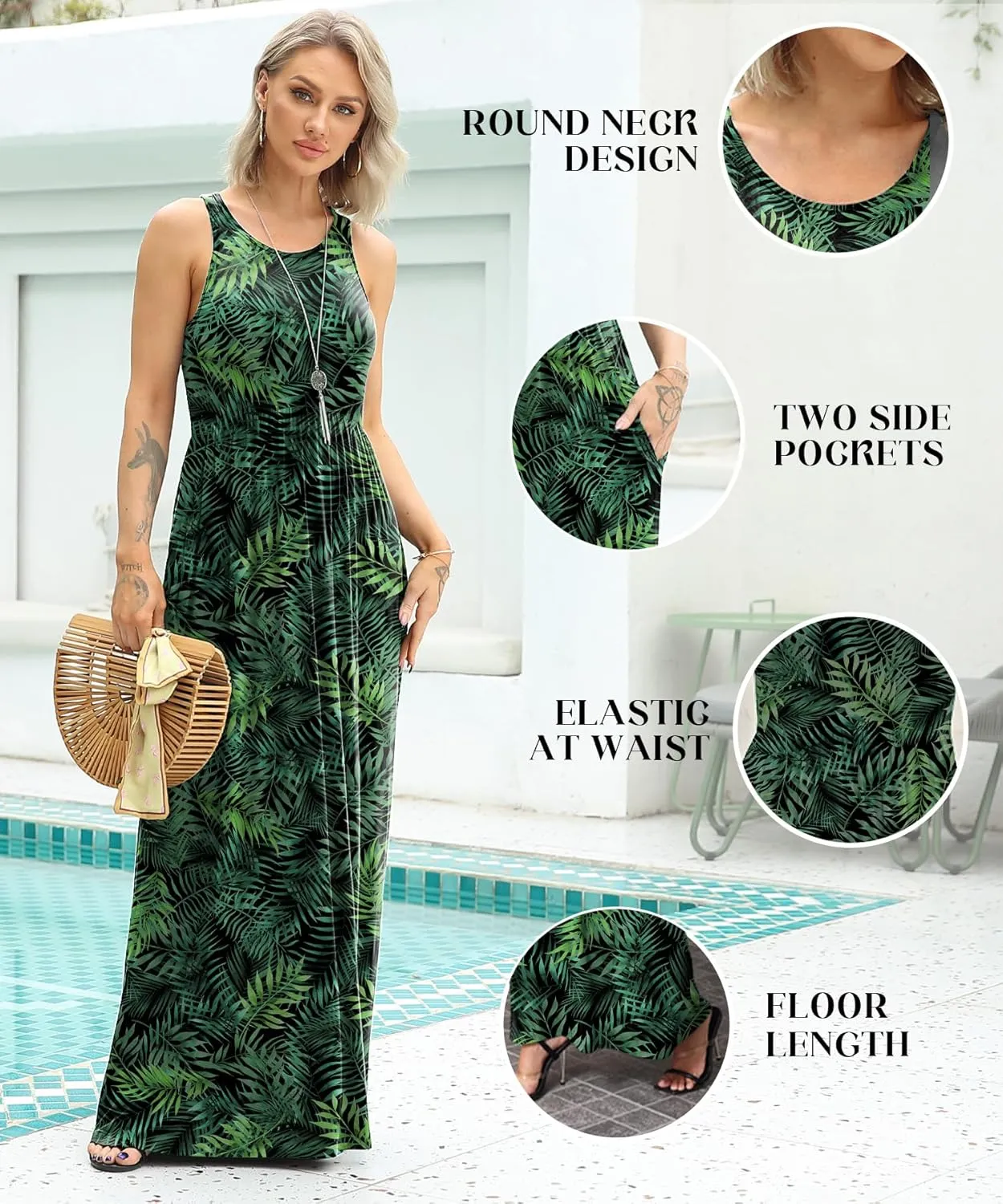EUOVMY Women's Sleeveless Maxi Dress Casual Floral Loose Summer Vacation Long Maxi Dresses with Pockets