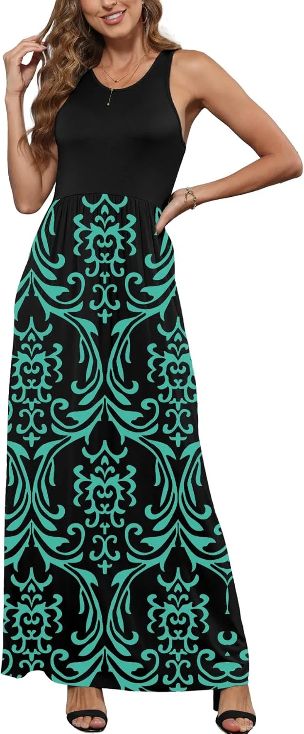 EUOVMY Women's Sleeveless Maxi Dress Casual Floral Loose Summer Vacation Long Maxi Dresses with Pockets