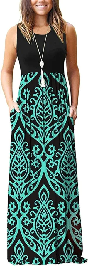EUOVMY Women's Sleeveless Maxi Dress Casual Floral Loose Summer Vacation Long Maxi Dresses with Pockets
