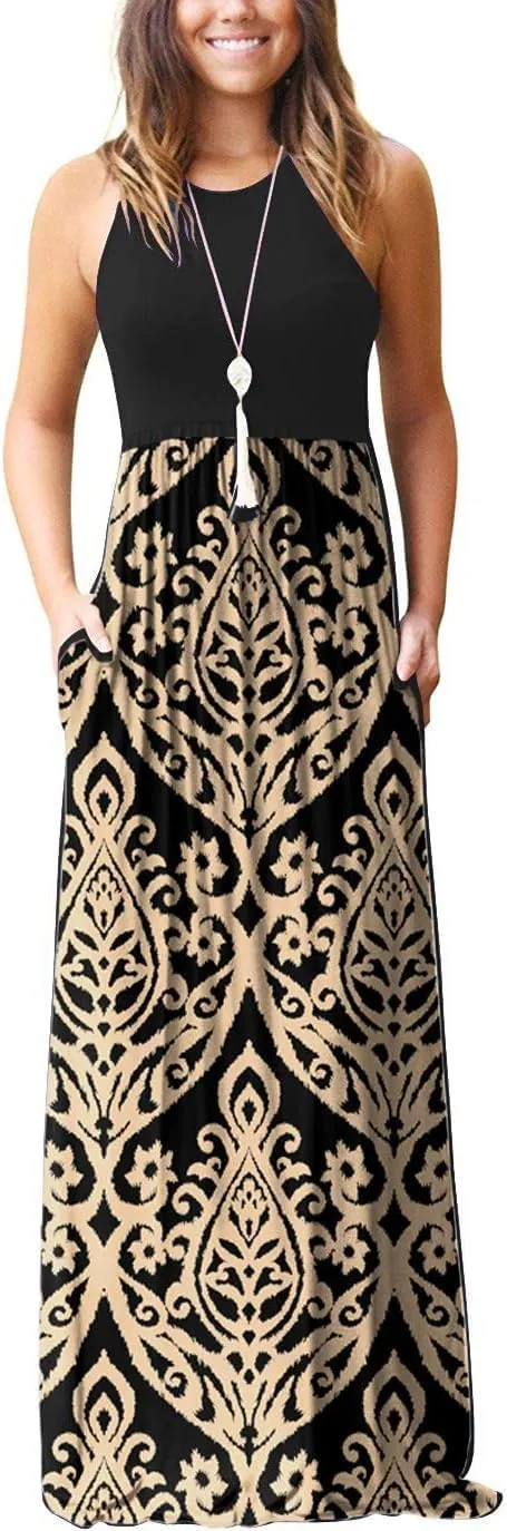 EUOVMY Women's Sleeveless Maxi Dress Casual Floral Loose Summer Vacation Long Maxi Dresses with Pockets