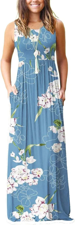 EUOVMY Women's Sleeveless Maxi Dress Casual Floral Loose Summer Vacation Long Maxi Dresses with Pockets