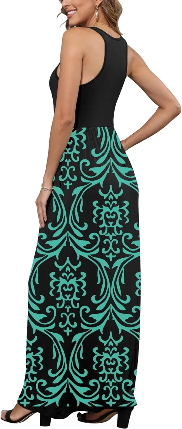 EUOVMY Women's Sleeveless Maxi Dress Casual Floral Loose Summer Vacation Long Maxi Dresses with Pockets