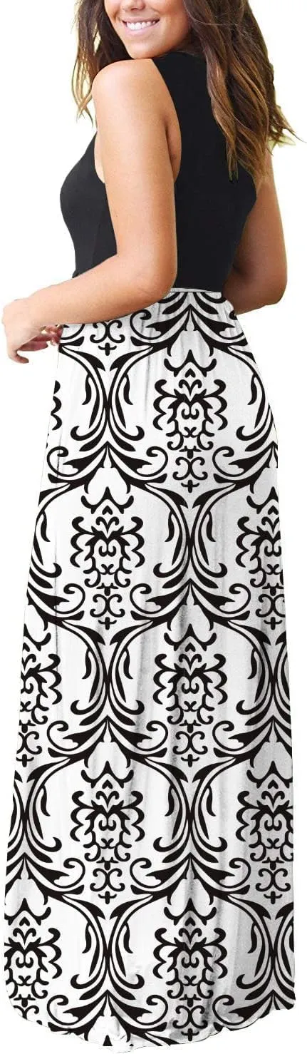 EUOVMY Women's Sleeveless Maxi Dress Casual Floral Loose Summer Vacation Long Maxi Dresses with Pockets