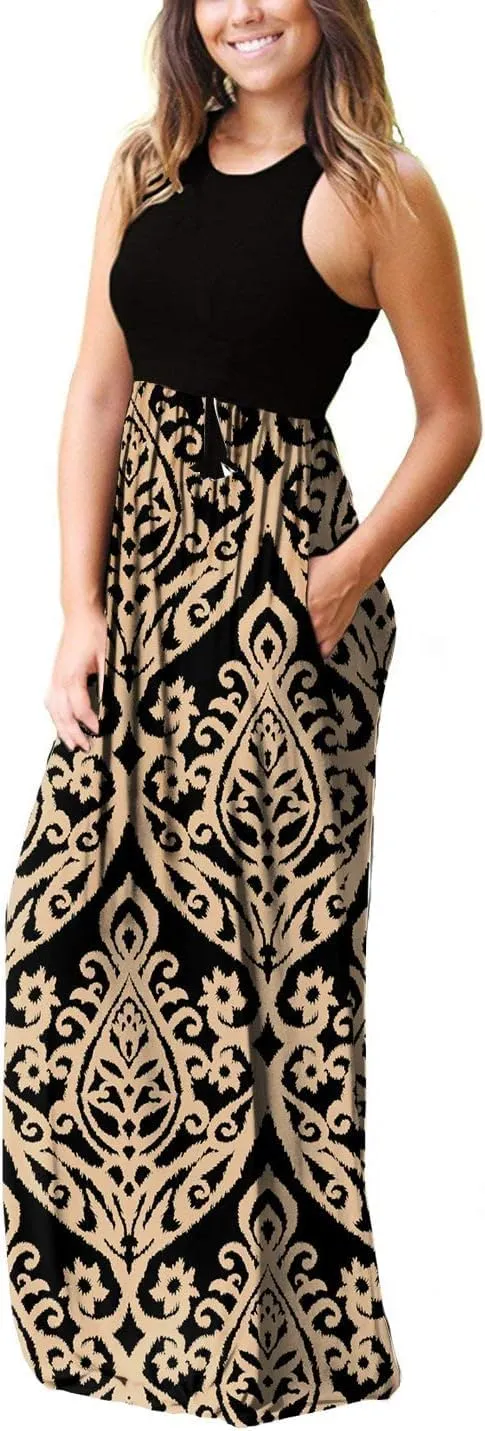 EUOVMY Women's Sleeveless Maxi Dress Casual Floral Loose Summer Vacation Long Maxi Dresses with Pockets