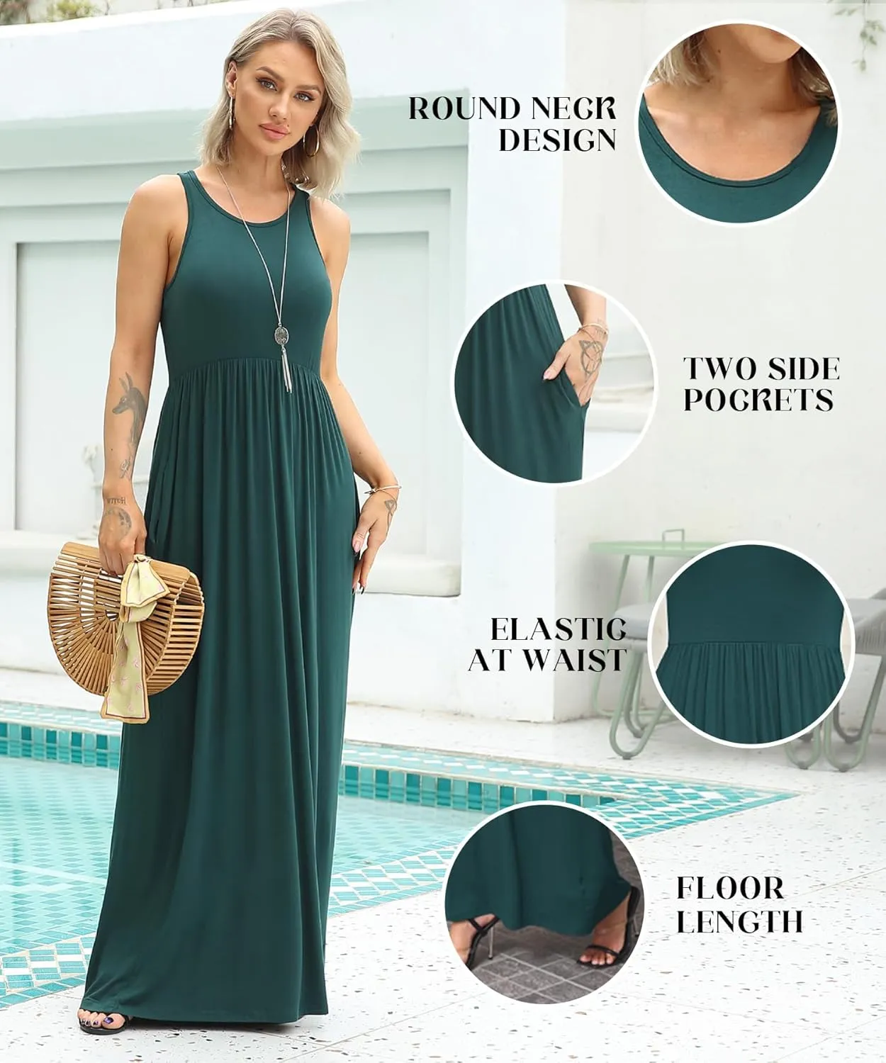 EUOVMY Women's Sleeveless Maxi Dress Casual Floral Loose Summer Vacation Long Maxi Dresses with Pockets