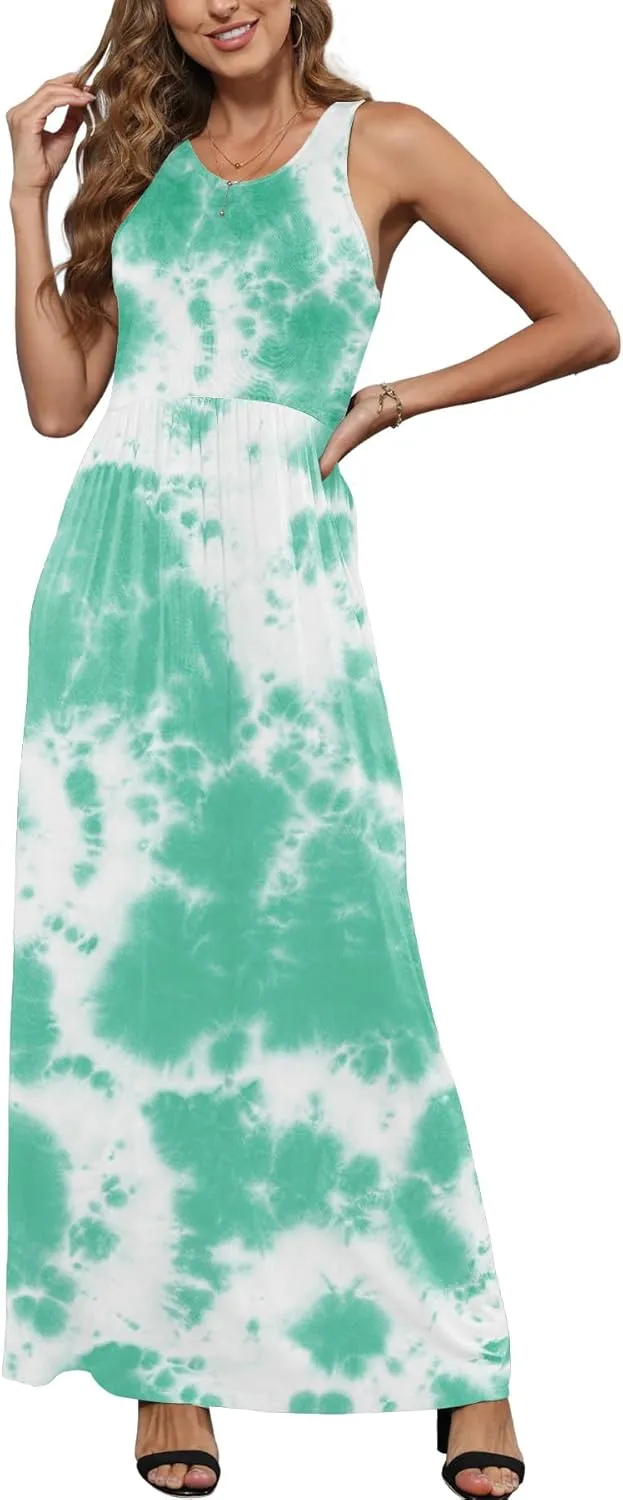 EUOVMY Women's Sleeveless Maxi Dress Casual Floral Loose Summer Vacation Long Maxi Dresses with Pockets