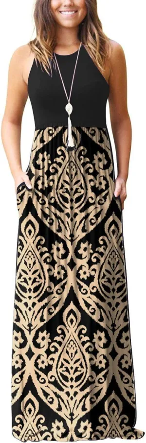 EUOVMY Women's Sleeveless Maxi Dress Casual Floral Loose Summer Vacation Long Maxi Dresses with Pockets