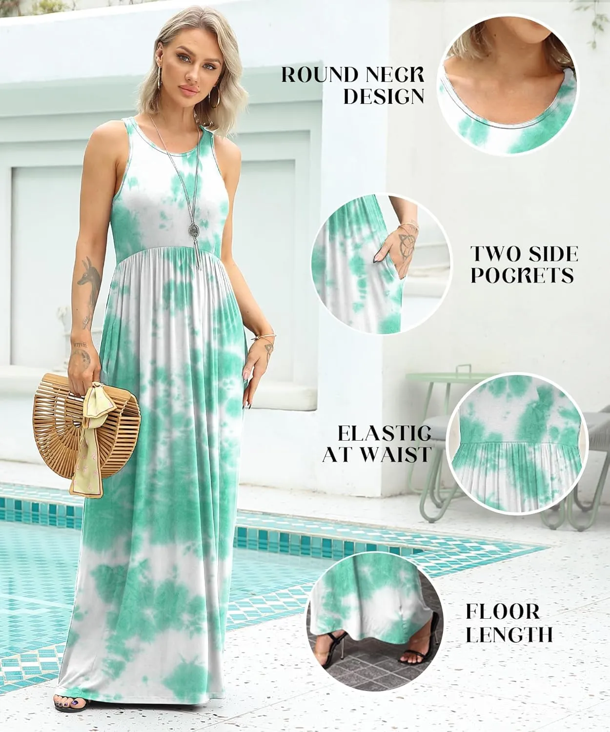 EUOVMY Women's Sleeveless Maxi Dress Casual Floral Loose Summer Vacation Long Maxi Dresses with Pockets