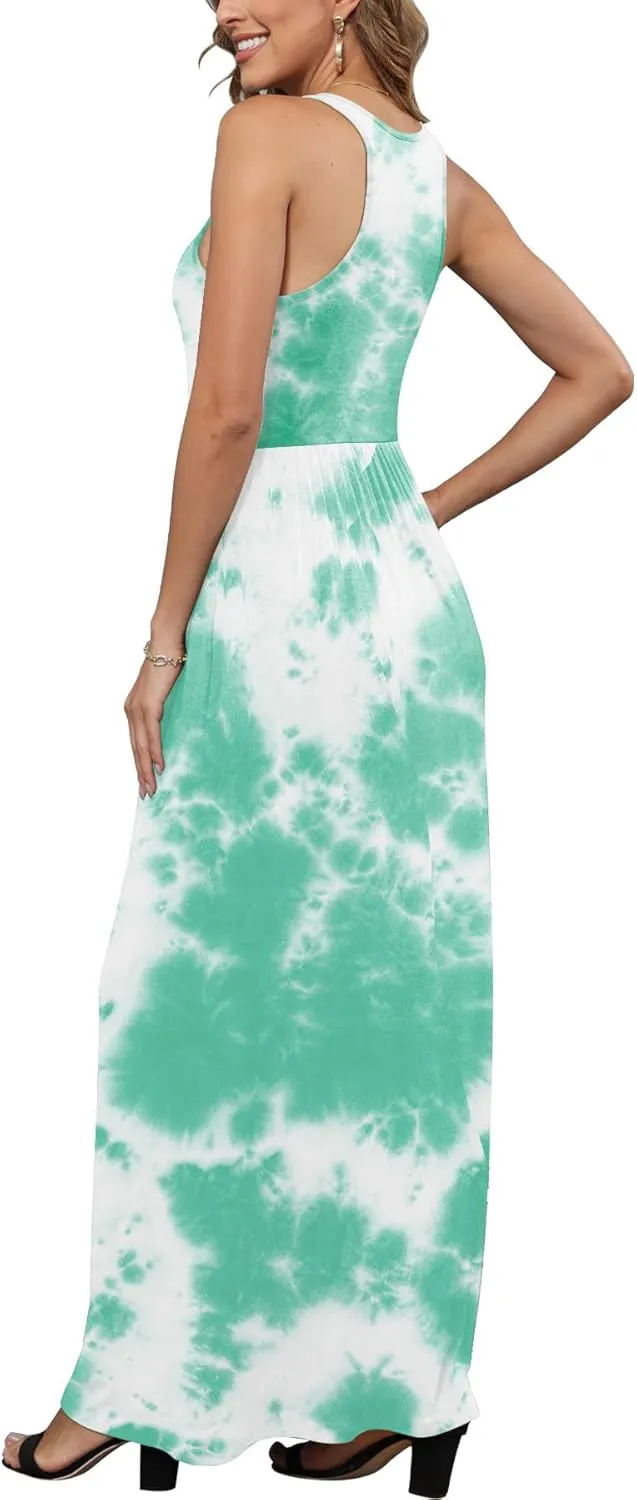 EUOVMY Women's Sleeveless Maxi Dress Casual Floral Loose Summer Vacation Long Maxi Dresses with Pockets