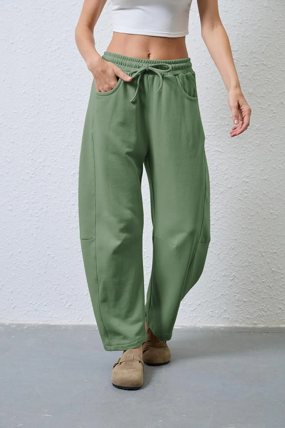 Hongsui Women's Barrel Leg Pants Elasticated Waistband Soft Wide Leg Pants with Pockets Casual Sweatpants