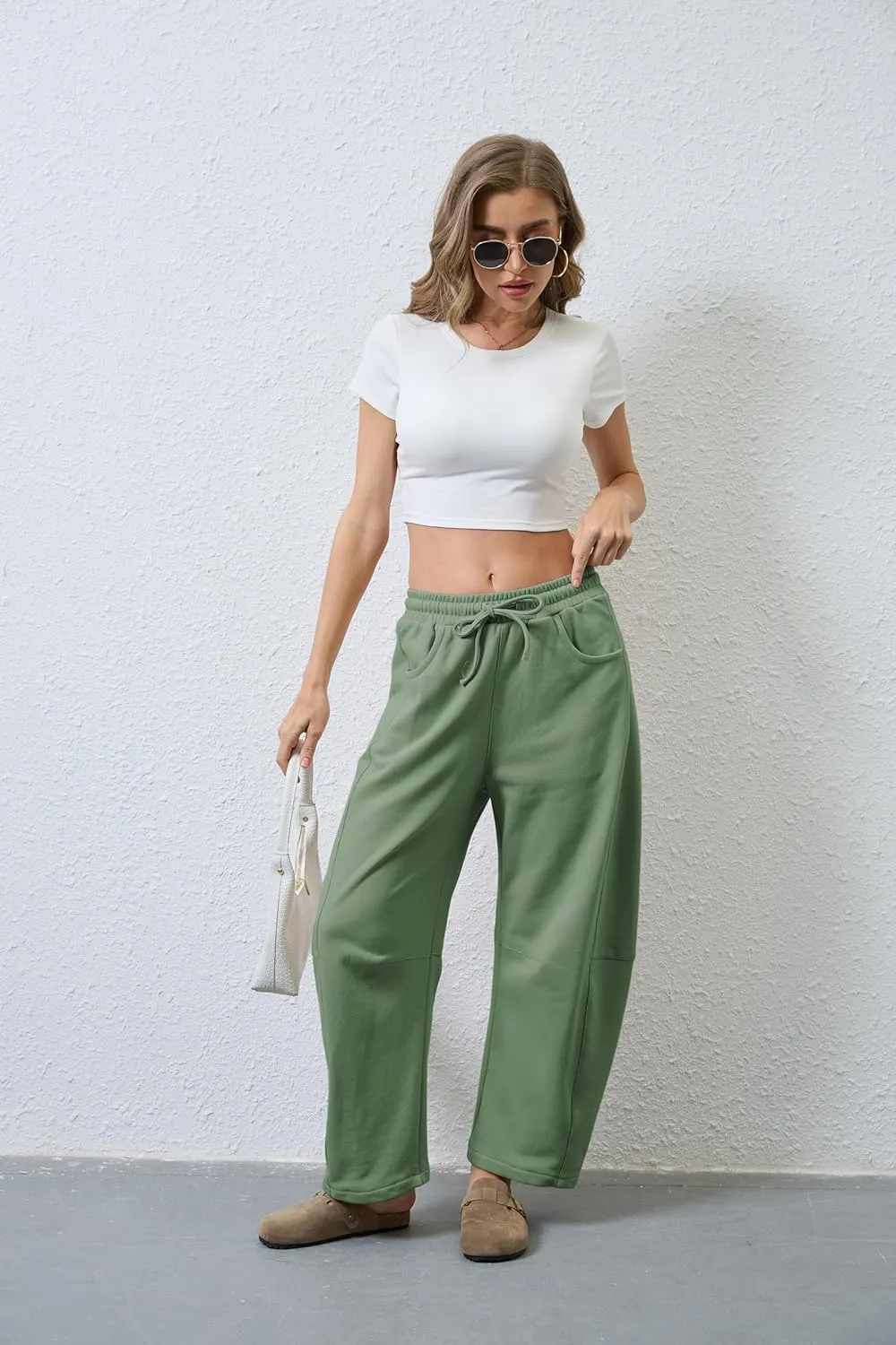 Hongsui Women's Barrel Leg Pants Elasticated Waistband Soft Wide Leg Pants with Pockets Casual Sweatpants