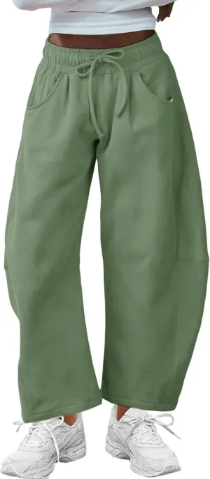 Hongsui Women's Barrel Leg Pants Elasticated Waistband Soft Wide Leg Pants with Pockets Casual Sweatpants