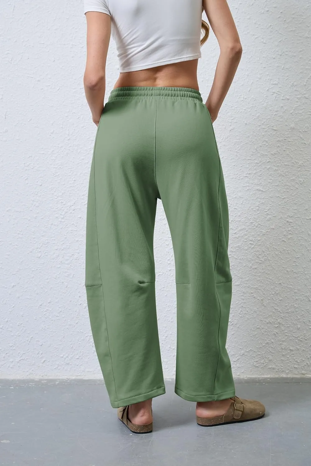 Hongsui Women's Barrel Leg Pants Elasticated Waistband Soft Wide Leg Pants with Pockets Casual Sweatpants