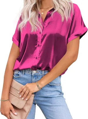 HOTOUCH Silk Button Down Shirts for Women Satin Short Sleeve V Neck Casual Work Office Blouse Tunic Tops