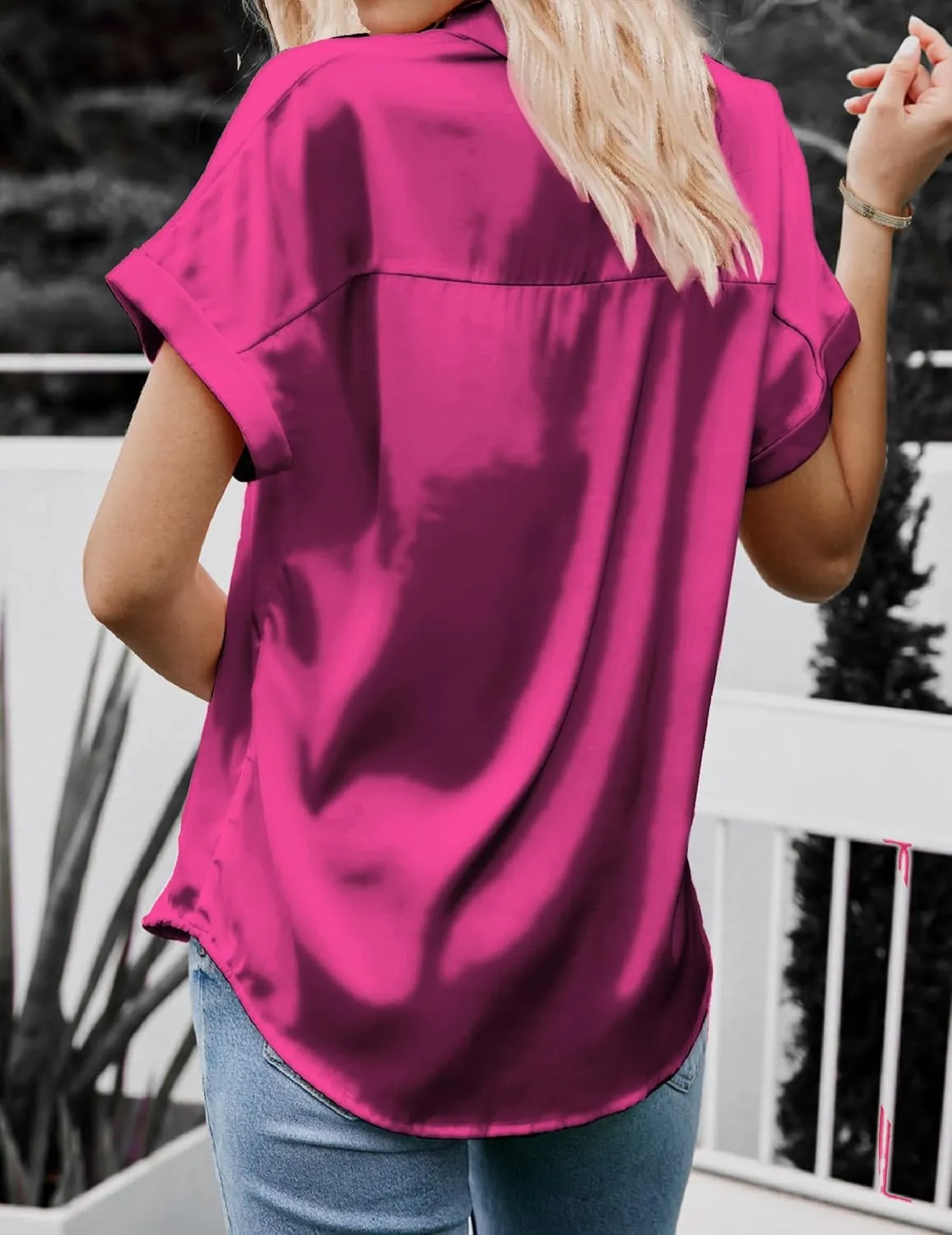 HOTOUCH Silk Button Down Shirts for Women Satin Short Sleeve V Neck Casual Work Office Blouse Tunic Tops