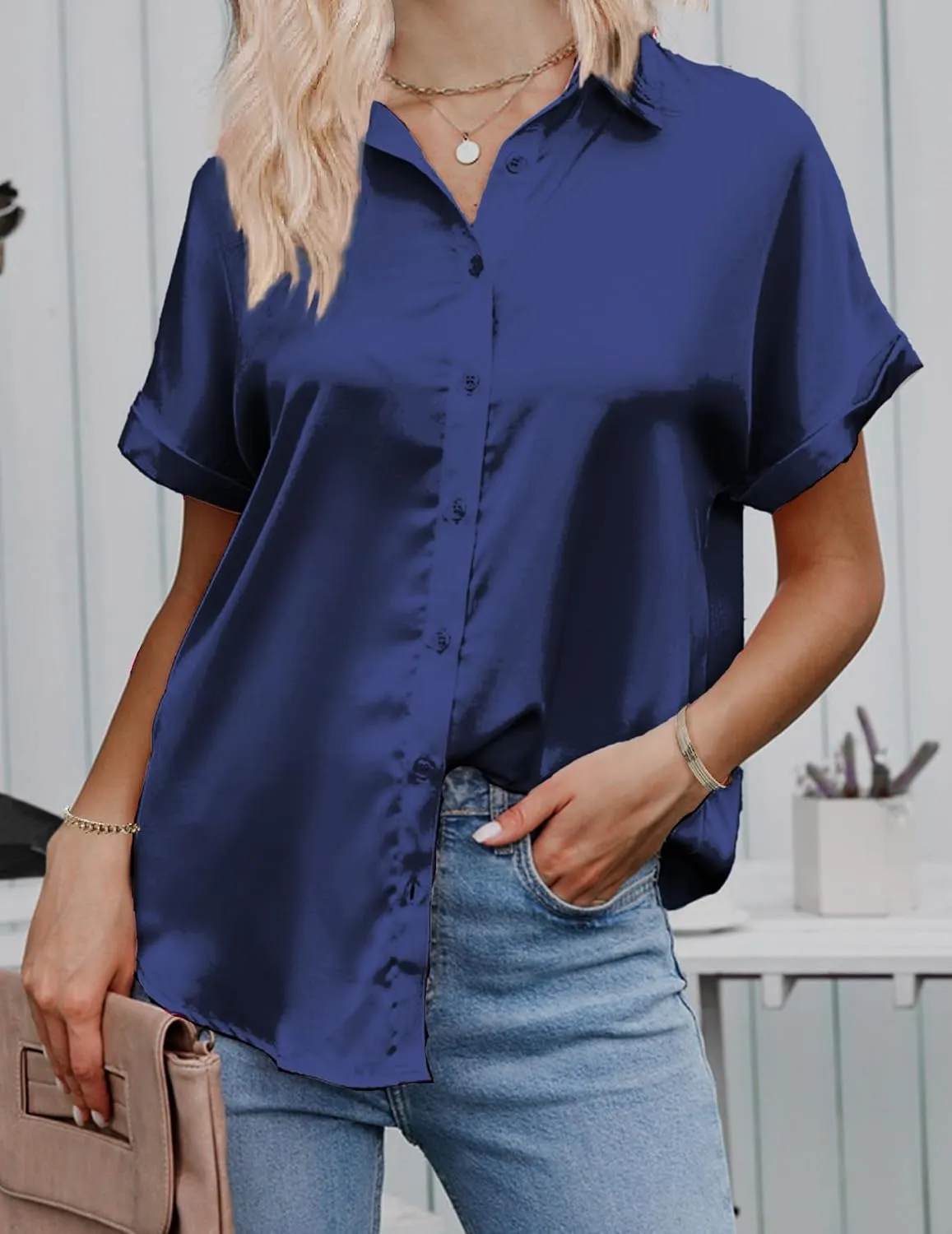 HOTOUCH Silk Button Down Shirts for Women Satin Short Sleeve V Neck Casual Work Office Blouse Tunic Tops