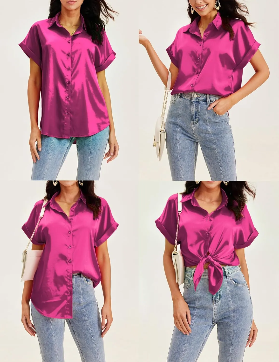 HOTOUCH Silk Button Down Shirts for Women Satin Short Sleeve V Neck Casual Work Office Blouse Tunic Tops