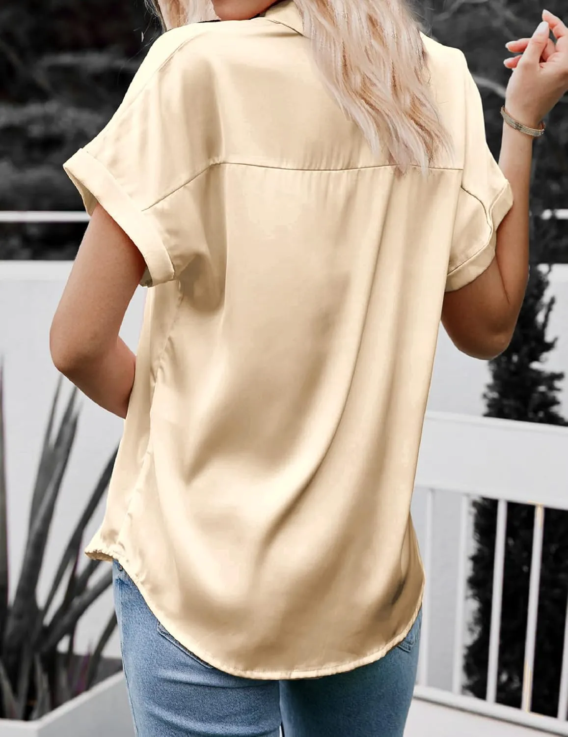 HOTOUCH Silk Button Down Shirts for Women Satin Short Sleeve V Neck Casual Work Office Blouse Tunic Tops