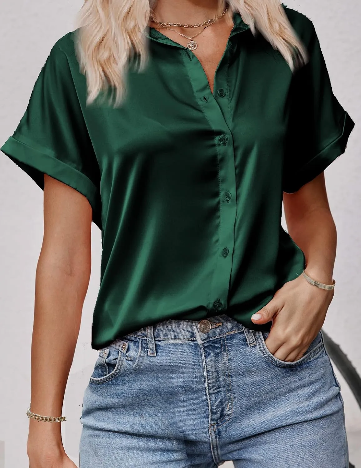 HOTOUCH Silk Button Down Shirts for Women Satin Short Sleeve V Neck Casual Work Office Blouse Tunic Tops
