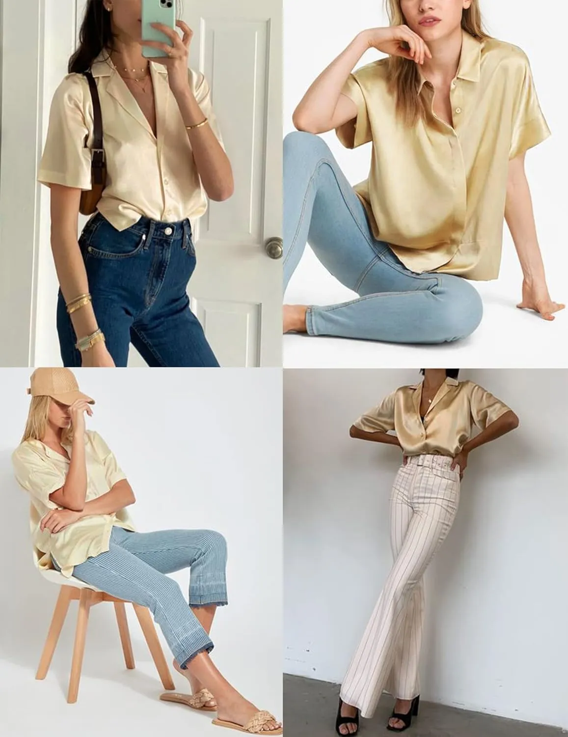HOTOUCH Silk Button Down Shirts for Women Satin Short Sleeve V Neck Casual Work Office Blouse Tunic Tops