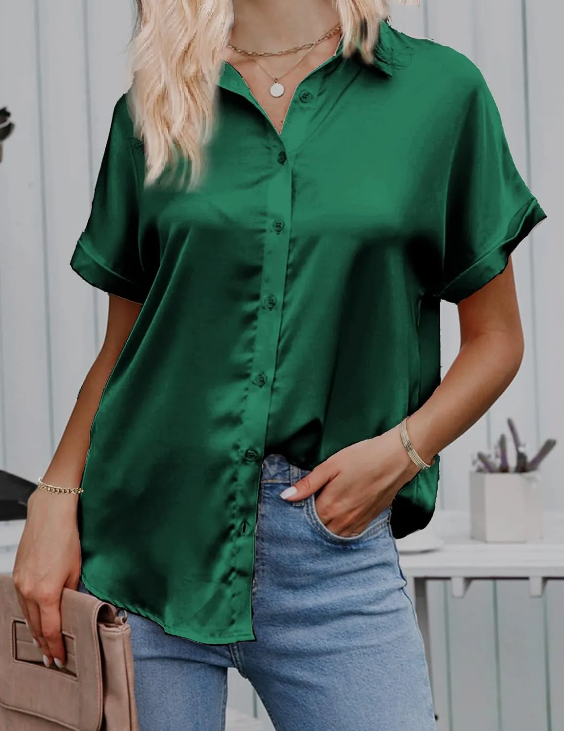 HOTOUCH Silk Button Down Shirts for Women Satin Short Sleeve V Neck Casual Work Office Blouse Tunic Tops