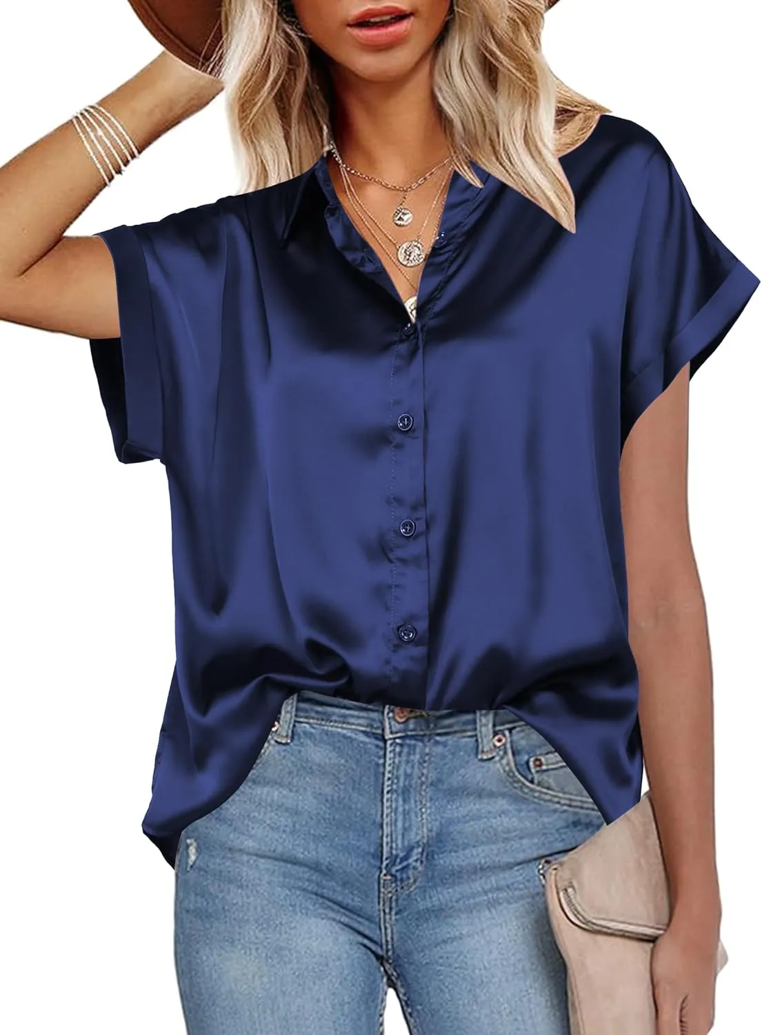 HOTOUCH Silk Button Down Shirts for Women Satin Short Sleeve V Neck Casual Work Office Blouse Tunic Tops