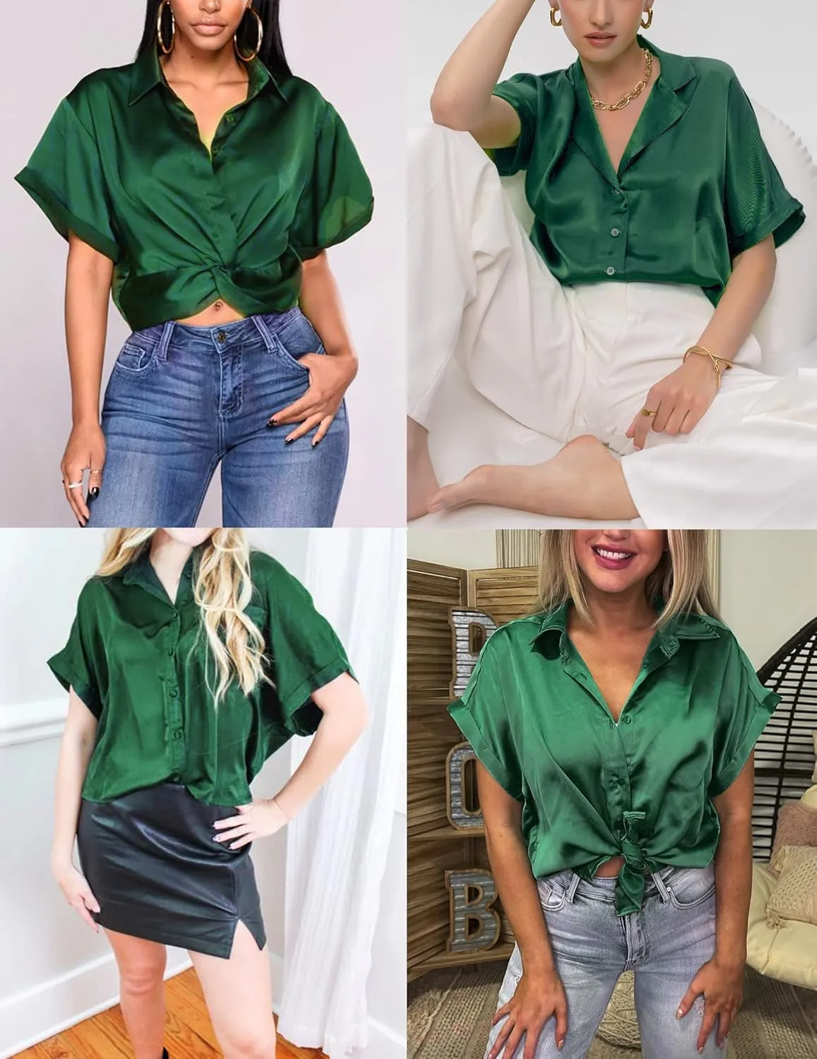 HOTOUCH Silk Button Down Shirts for Women Satin Short Sleeve V Neck Casual Work Office Blouse Tunic Tops