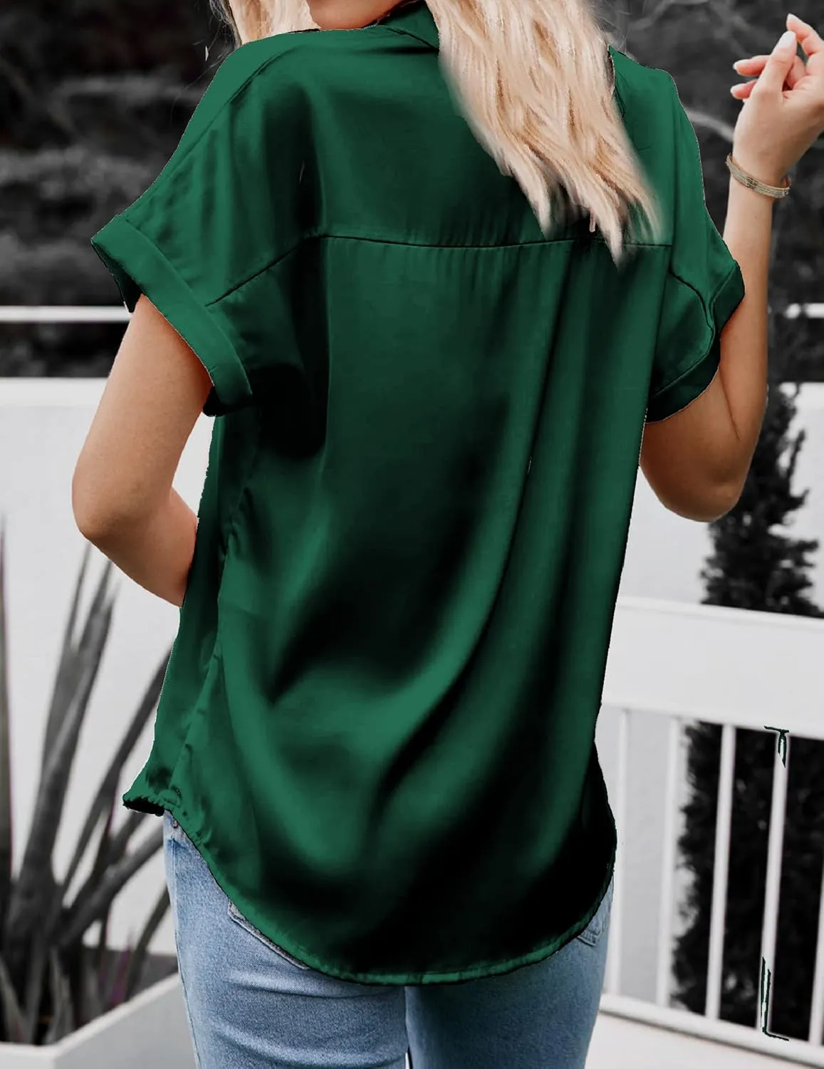 HOTOUCH Silk Button Down Shirts for Women Satin Short Sleeve V Neck Casual Work Office Blouse Tunic Tops